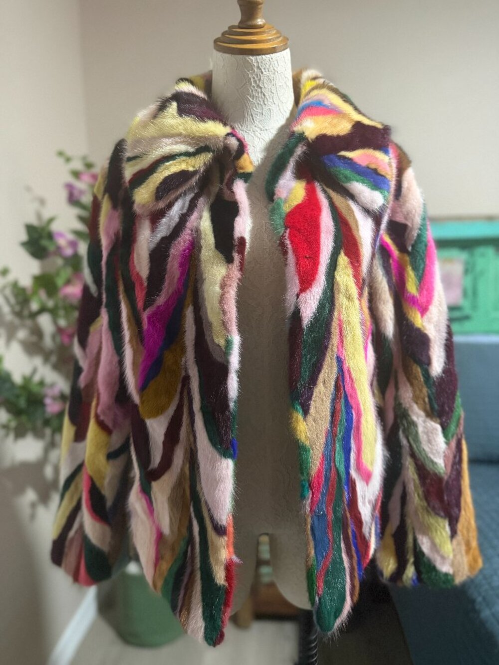 Vintage Multicolor Patchwork Mink Fur Coat Jacket M/L Statement